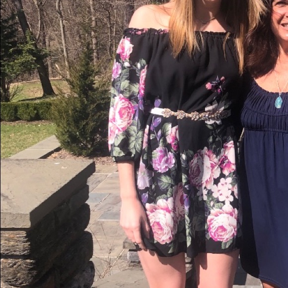 Off the shoulder black floral dress and belt - Picture 1 of 1